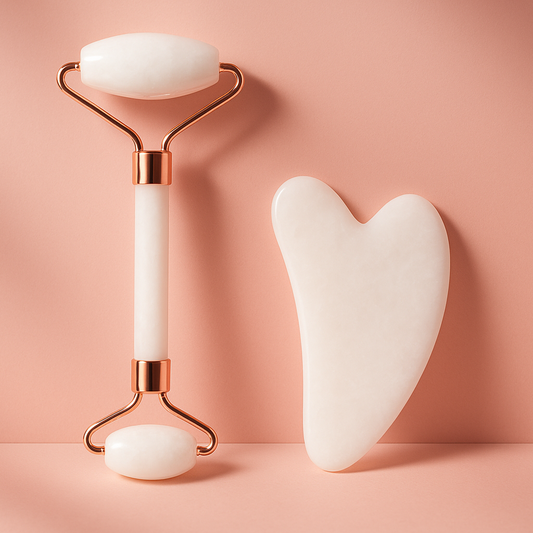 Gua-sha et rouleau visage - pierres blanches fond rose