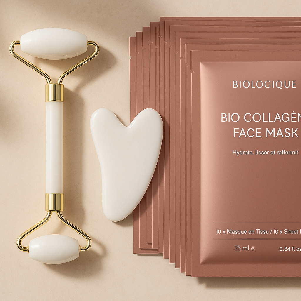Pack bundle - rouleau et gua-sha blancs avec 10 masques