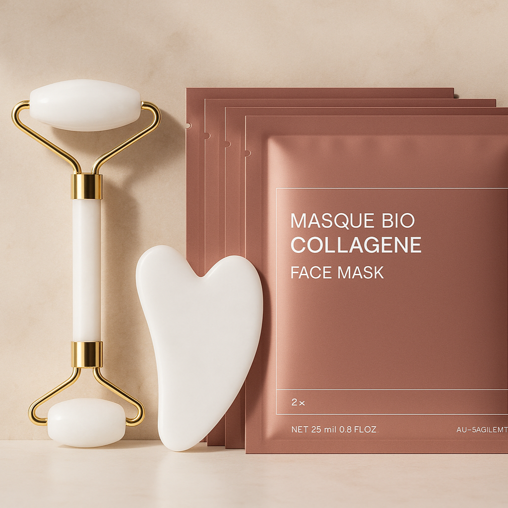 Pack bundle - rouleau et gua-sha blancs avec 5 masques