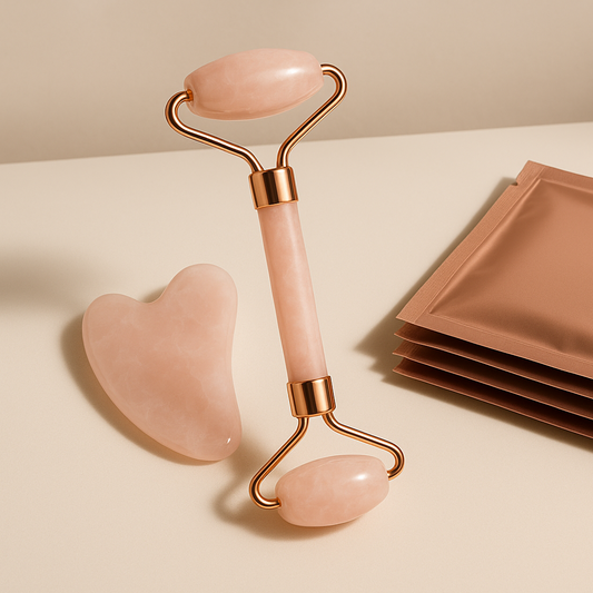 un rouleau rose avec les accord en bronze + une pierre de gua-sha à côté d'une pile de 5 sachet vierge de couleur rose or de masque au collagène 